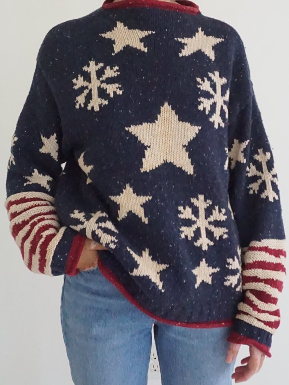 Vintage Coldwater Creek Navy Cream Star Snowflake Americana Striped Sweater M
